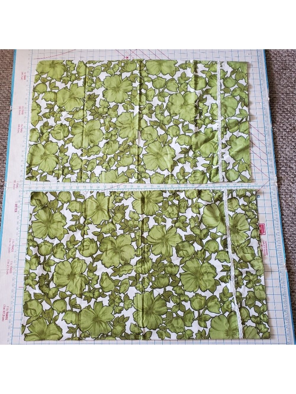 2 Wabasso Madrid Green Pillowcases 1970s Marvel Press 34"x21" Vintage Floral Mod